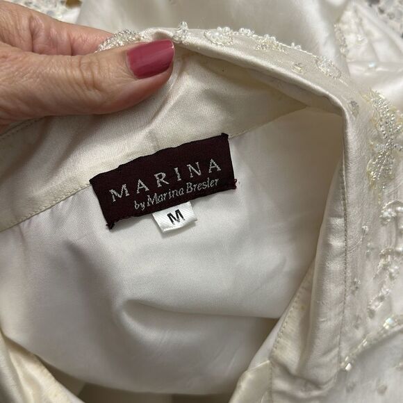 Marina by Marina Bresler 100% silk button down up blouse ivory beaded m medium - Picture 3 of 8